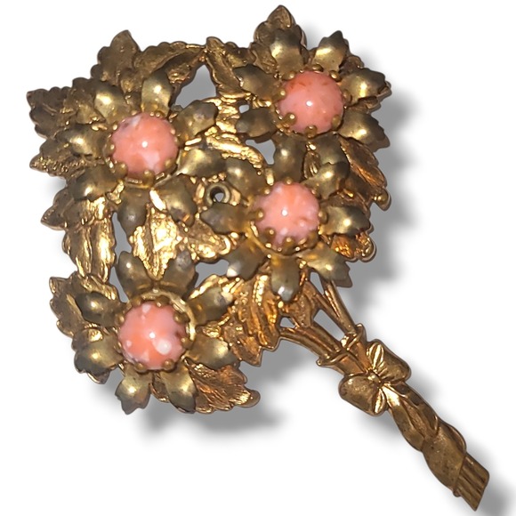 Vintage Gold Tone Floral Bouquet Brooch Pink Cabochon Rhinestone Pin Mid Century - Picture 2 of 4